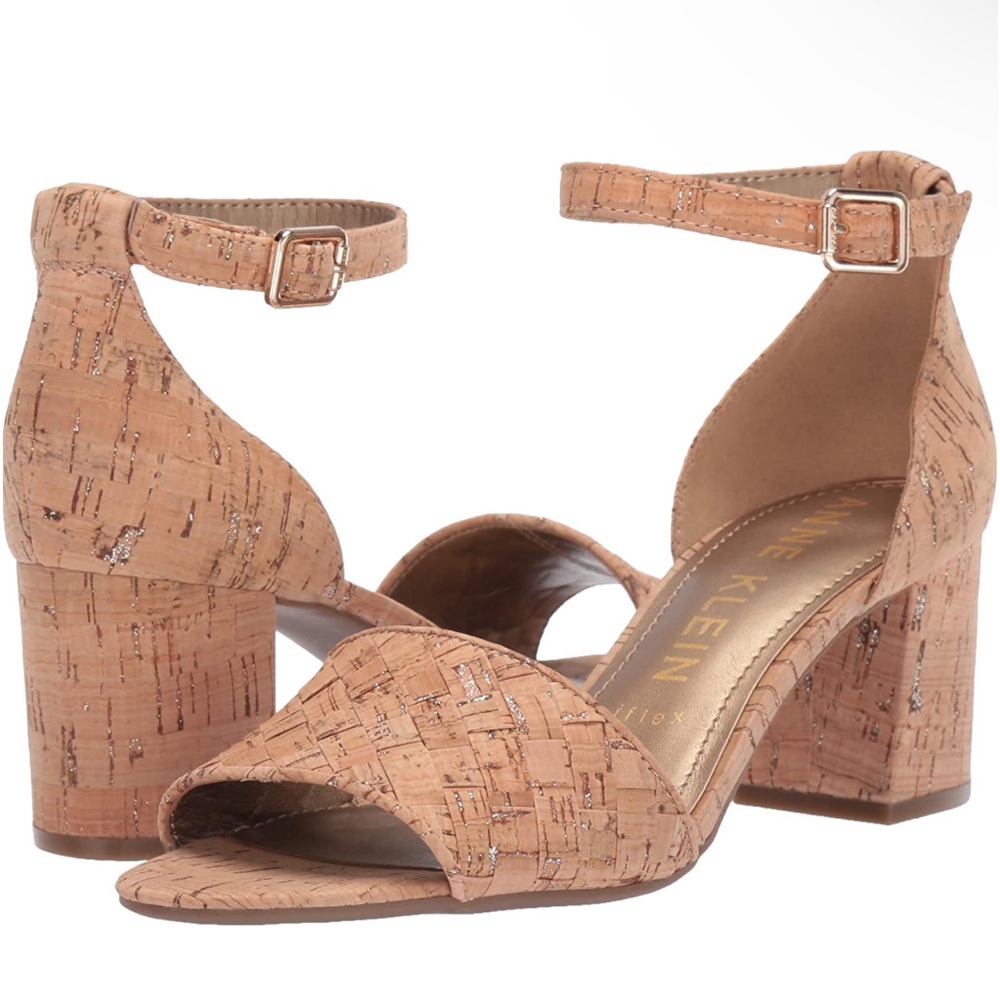 Anne Klein Women's tan cork carine ankle strap sandal block heel.